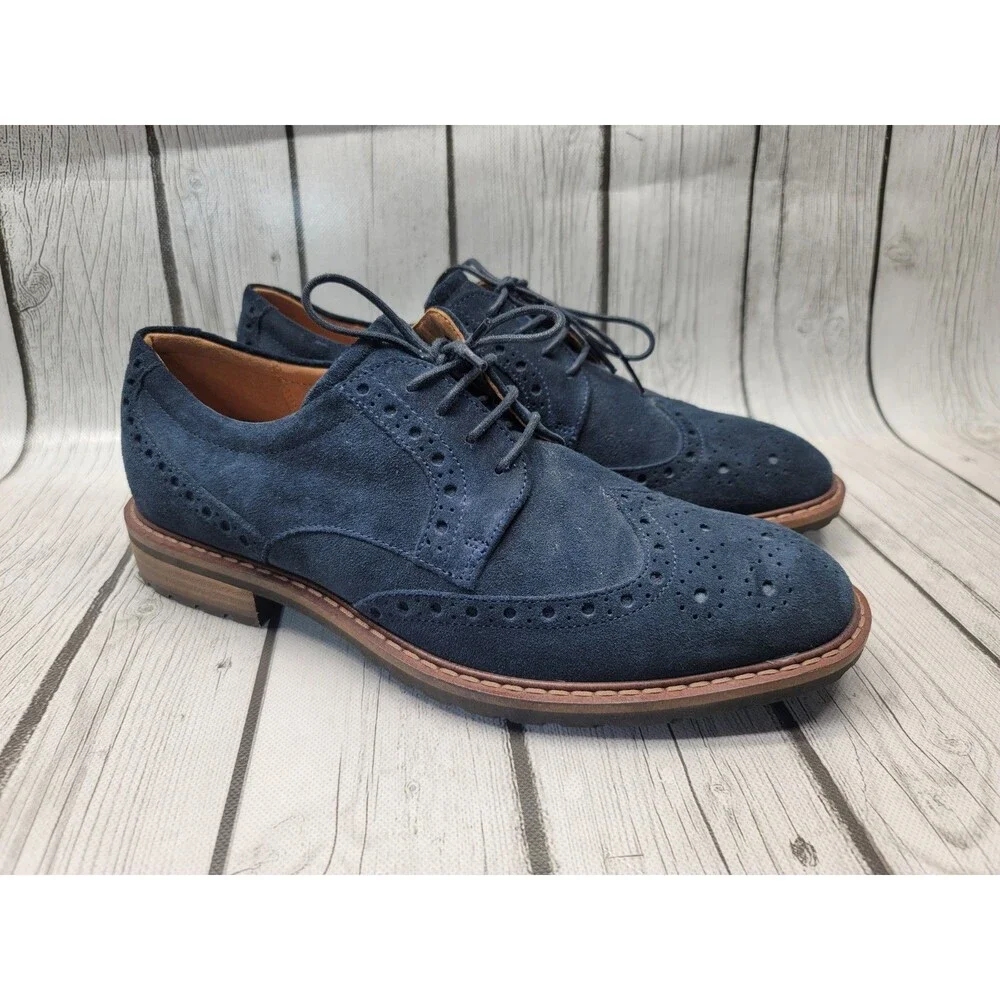 ECCO Vitrus Mens 7 US Navy Blue Suede Leather Wingtip Tie Oxford Brogues Shoes